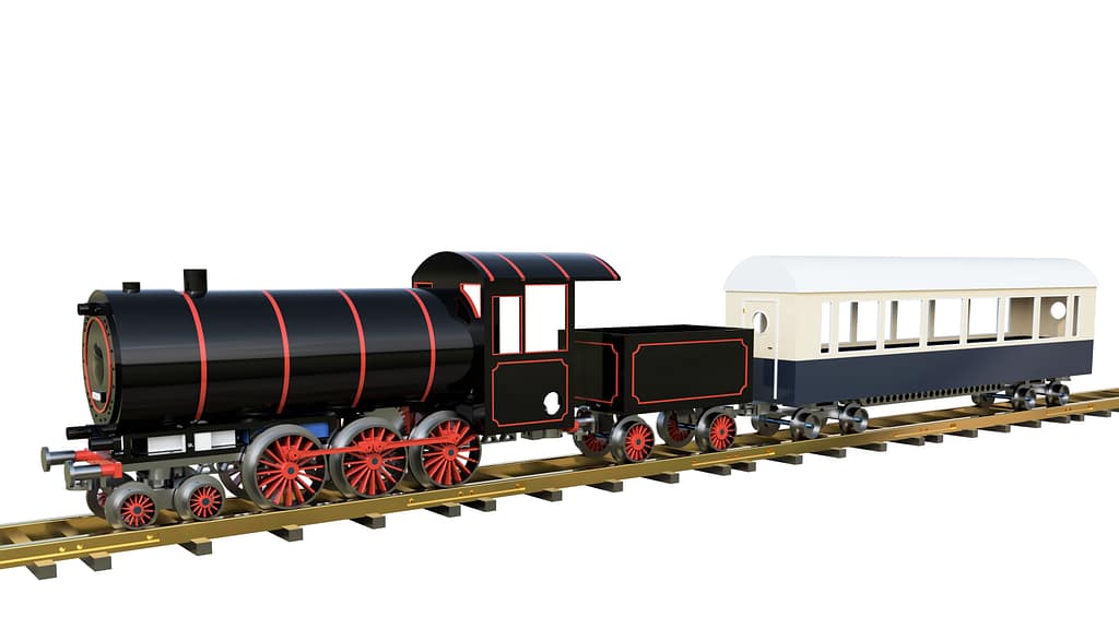 Rendered Image of Locomotive with tender and large passenger wagon