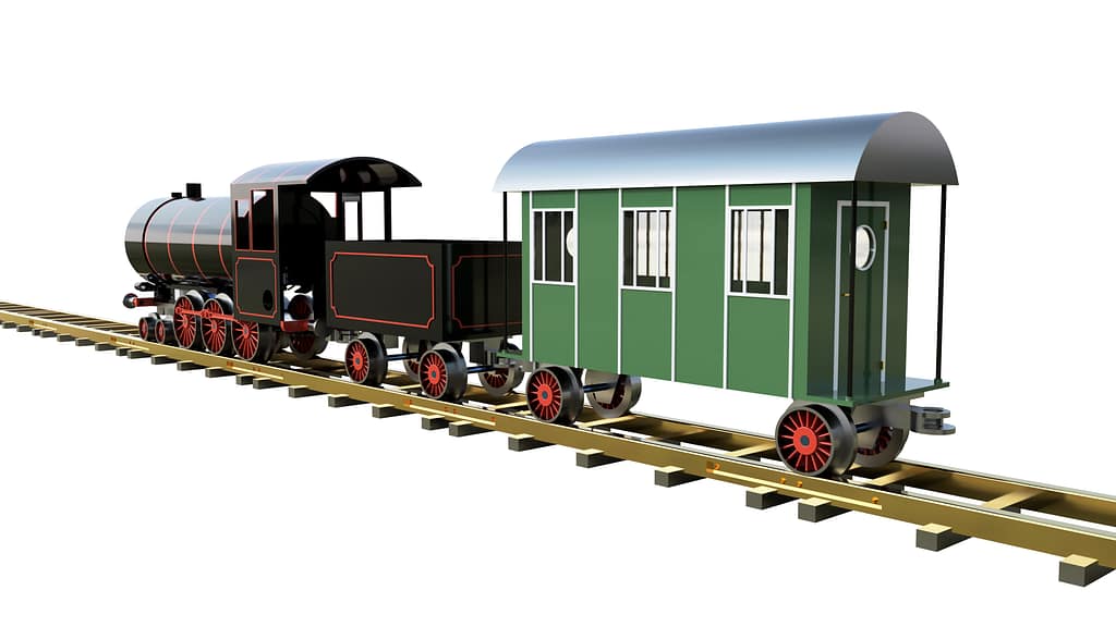 Rendered Image of Locomotive with tender and small passenger wagon